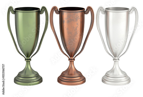 Three metallic sport trophies on white background photo