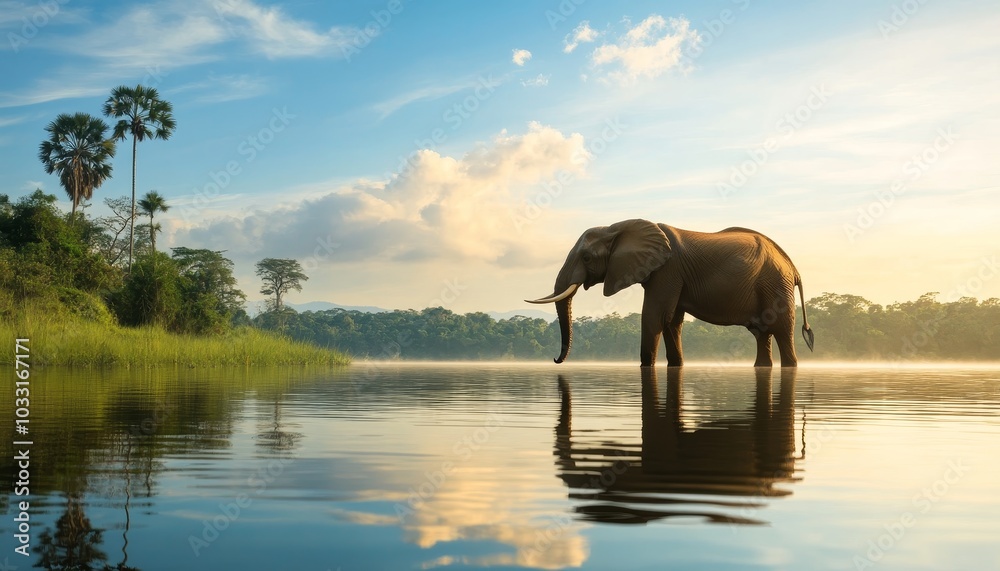 Fototapeta premium Elephant in the Water at Sunset