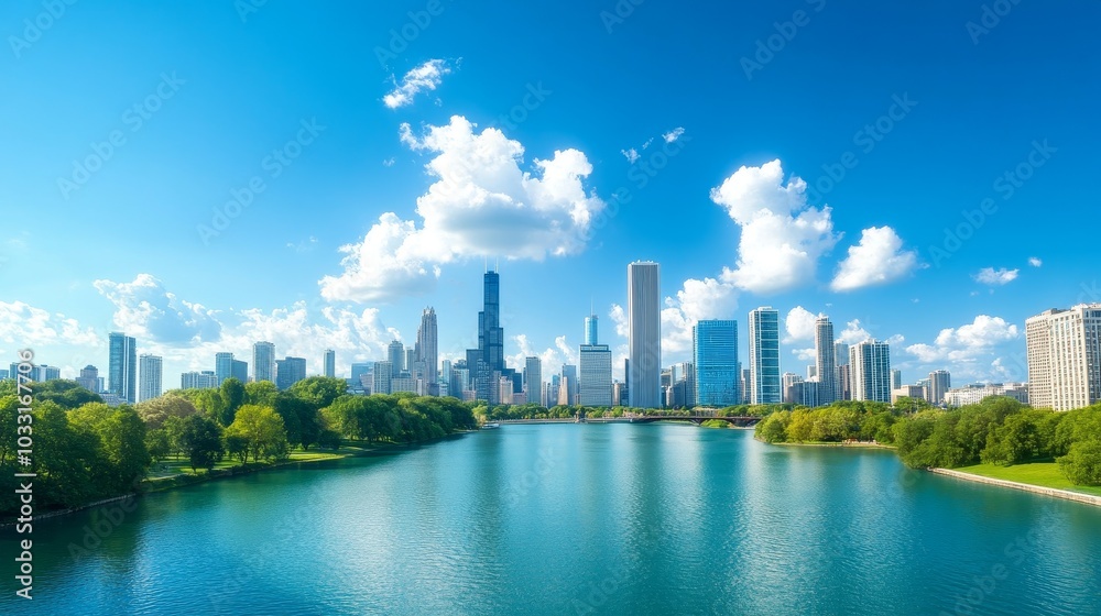 Chicago Skyline with Blue Sky and River Chicago Skyline with Blue Sky and River