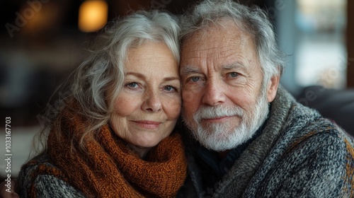 Warm embrace of an elderly couple in cozy sweaters enjoying quality time together indoors during autumn