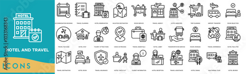 Hotel and travel Icon. Accommodation Booking, Travel Planning, Hotel Reservation, Vacation Destination and Room Service