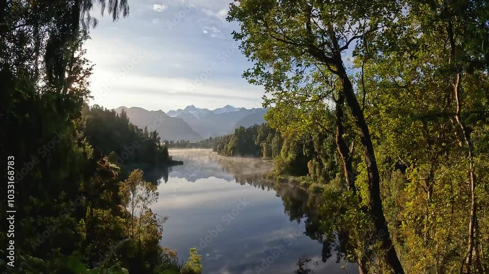 Lake Matheson at Sunrise : Iconic View of the Aoraki Mount Cook and Mount Tasman mountains reflected on the still waters Lake Matheson at Sunrise : Iconic View of the Aoraki Mount Cook and Mount Tasman mountains reflected on the still waters