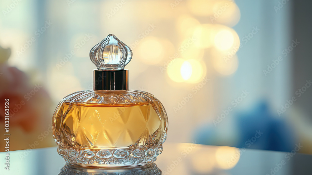 elegant perfume bottle on a glossy surface elegant perfume bottle on a glossy surface