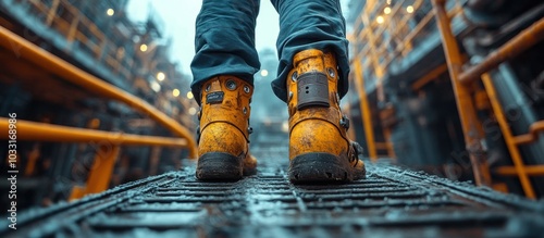 A close-up view of worn yellow boots on a metal walkway in an industrial setting.