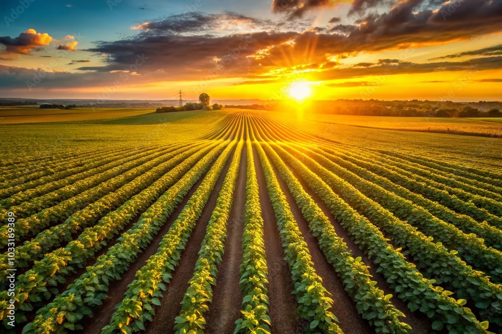 Stunning Drone Sunset Over Soybean Fields at an Industrial Farm Stunning Drone Sunset Over Soybean Fields at an Industrial Farm