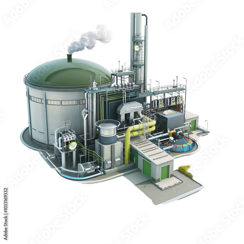 3D model of a biogas plant converting waste to energy, ultra-sharp and clear, isolated on white background