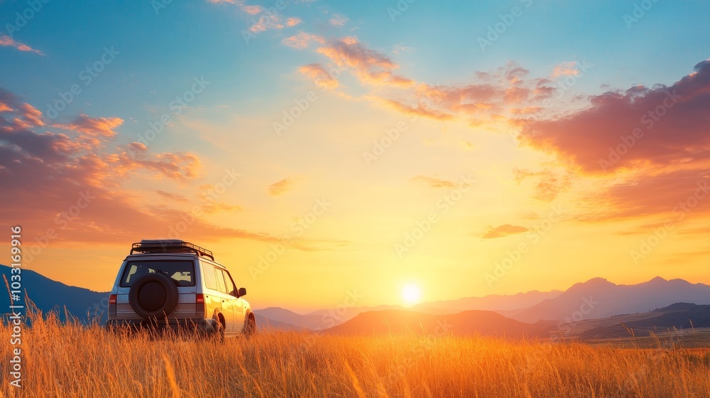 Fototapeta premium SUV at Sunset in Mountain Landscape