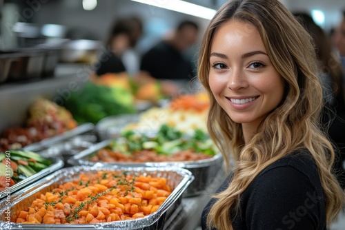 A smiling woman stands near a buffet of colorful dishes in a dining setting.