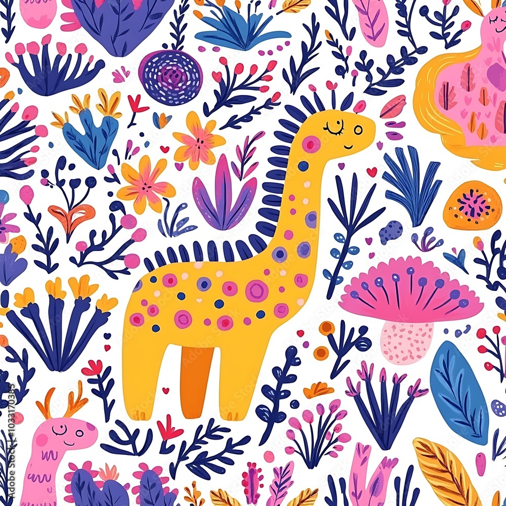 Seamless pattern with cute cartoon giraffe, flowers, and leaves on white background. Seamless pattern with cute cartoon giraffe, flowers, and leaves on white background.