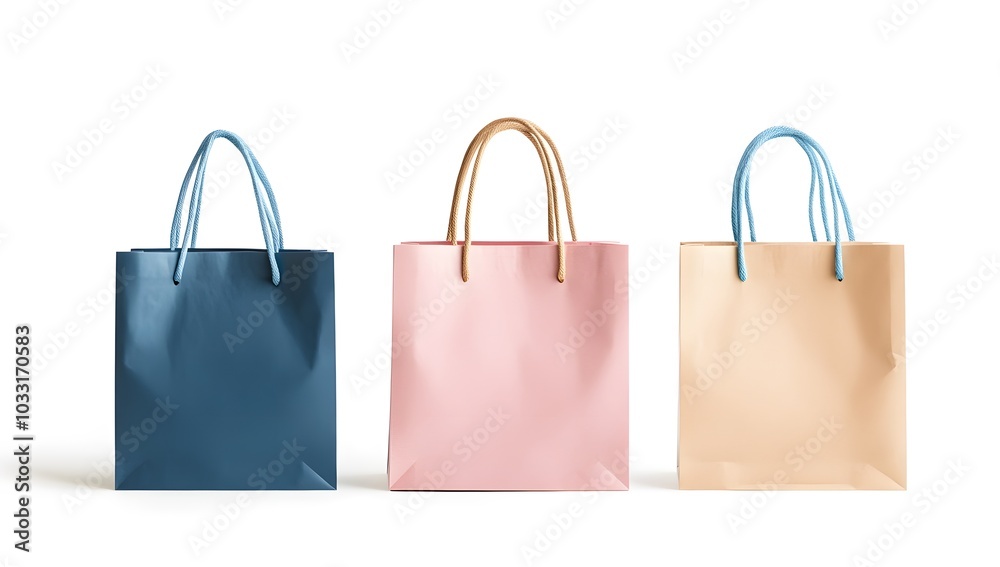 A set of three shopping bags, one pink and the other two blue, on a white background. A set of three shopping bags, one pink and the other two blue, on a white background.
