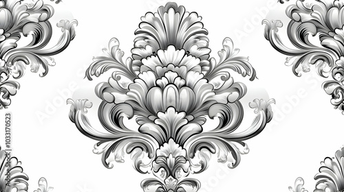 Ornate black and white floral pattern with intricate details for design purposes.