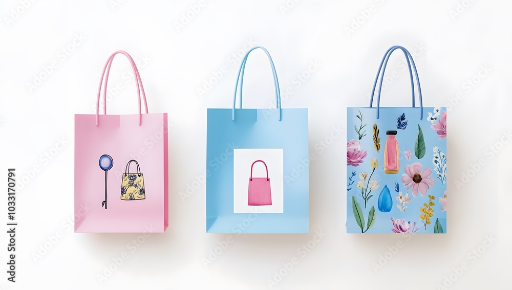 A set of three shopping bags, one pink and the other two blue, on a white background. A set of three shopping bags, one pink and the other two blue, on a white background.