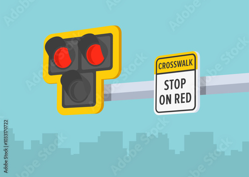 Pedestrian safety rules and tips. Perspective close-up view of a high intensity activated crosswalk light and "stop on red" sign. Flat vector illustration template.