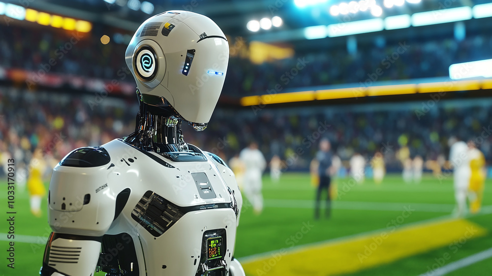 Fototapeta premium A robot referee monitoring a soccer game, equipped with advanced sensors and cameras
