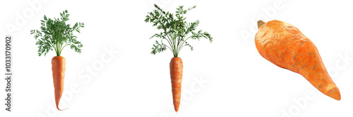 3D model of a vibrant orange carrot with leafy greens, ultra-sharp and clear, isolated on white background photo