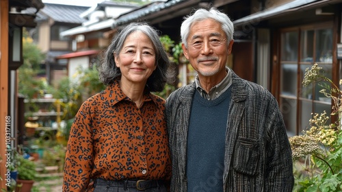 A joyous older couple smiles warmly in their vibrant garden home surrounded by traditional Japanese architecture on a sunny day