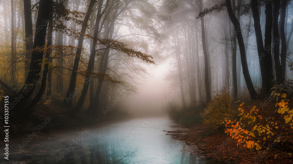 Obraz premium Ethereal Autumn: Misty Forest River at Dawn