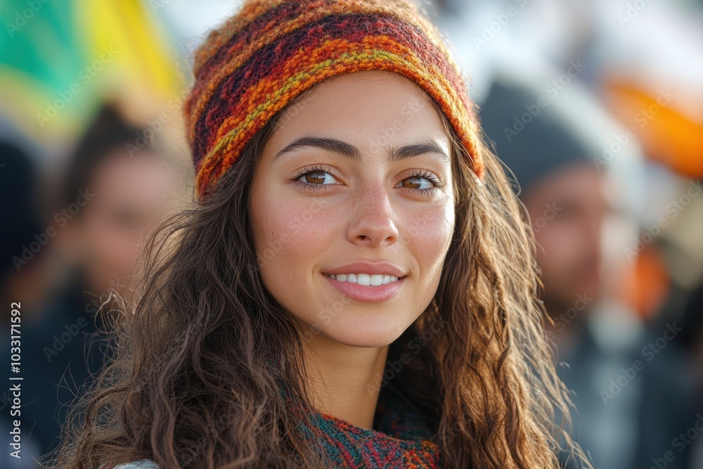 A smiling woman with curly hair wearing a colorful hat, surrounded by a blurred crowd. A smiling woman with curly hair wearing a colorful hat, surrounded by a blurred crowd.