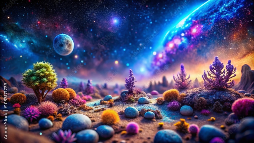 Fototapeta premium Stunning Tilt-Shift Alien Landscape with Purple and Blue Hues Under a Starry Night Sky