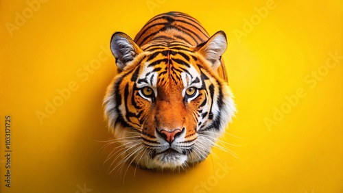 Stunning Tiger Portrait Against Vibrant Yellow Background for Wildlife Photography Enthusiasts