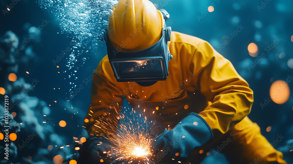 A diver in a yellow suit performs underwater welding, surrounded by bubbles and sparks, showcasing skills in marine construction and repair. A diver in a yellow suit performs underwater welding, surrounded by bubbles and sparks, showcasing skills in marine construction and repair.