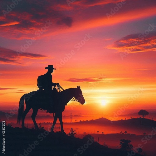 A silhouette of a cowboy riding on horseback against a dreamy, colorful sunset sky, evoking a sense of adventure and optimism