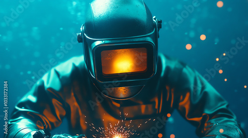 A skilled diver wearing a vintage helmet works underwater, creating sparks as they weld, showcasing dedication to underwater construction and repair.