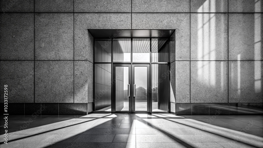 Sunlight and Shadow Play on Black Tinted Glass Entrance Door in Office Building - Monochrome Elegance Sunlight and Shadow Play on Black Tinted Glass Entrance Door in Office Building - Monochrome Elegance