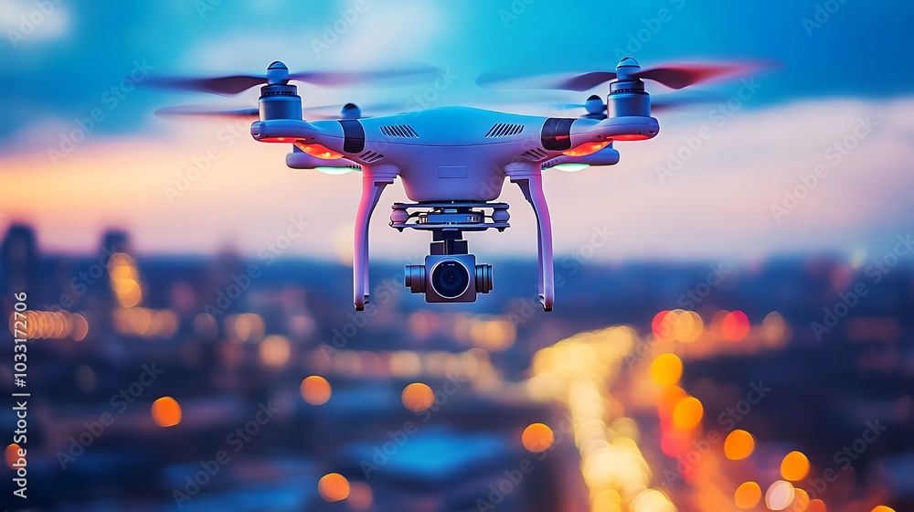 A white drone with a camera flying over a city at dusk. A white drone with a camera flying over a city at dusk.