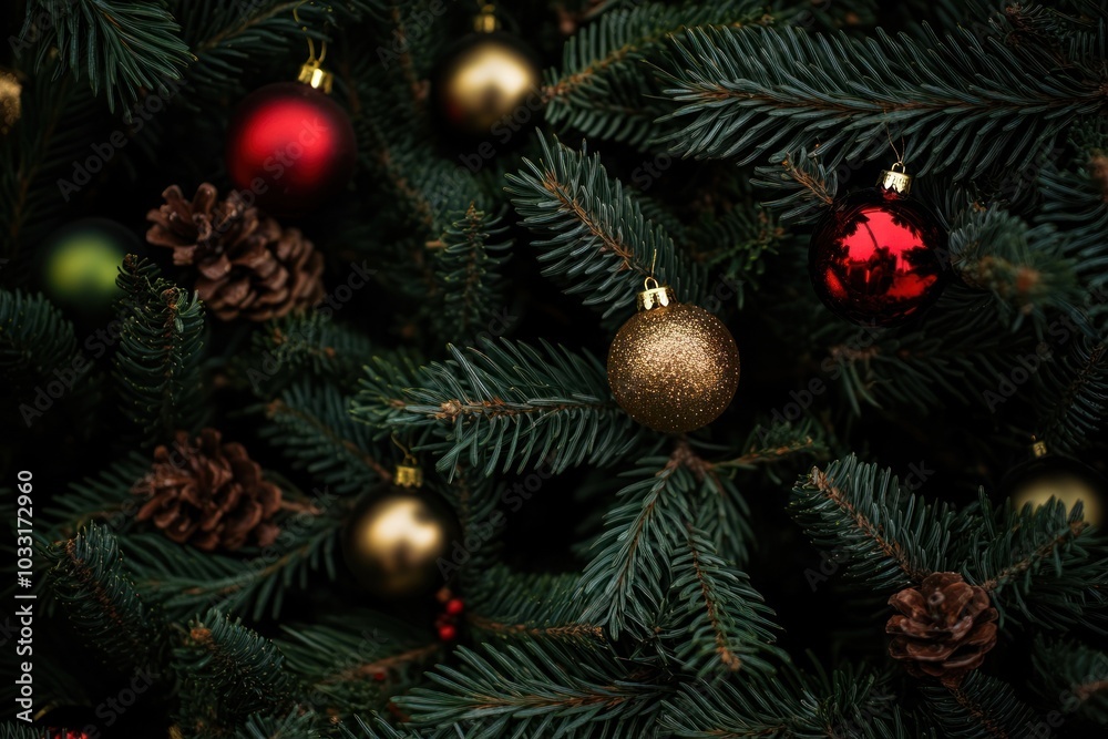 Christmas tree with red and gold ornaments christmas branches pine. Christmas tree with red and gold ornaments christmas branches pine.