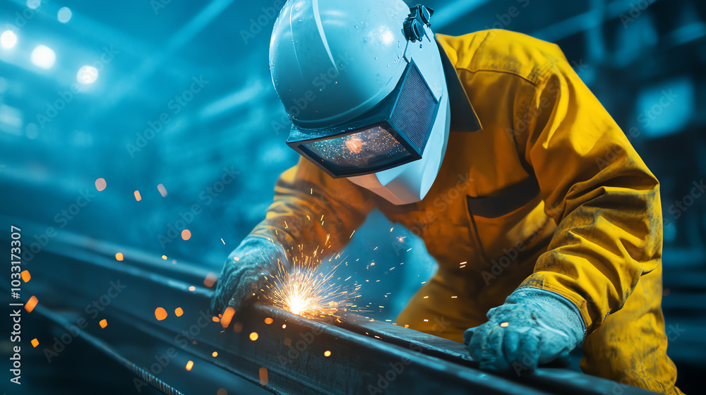 Welder in protective gear working on metal, sparks flying, industrial setting, focus on craftsmanship and safety.