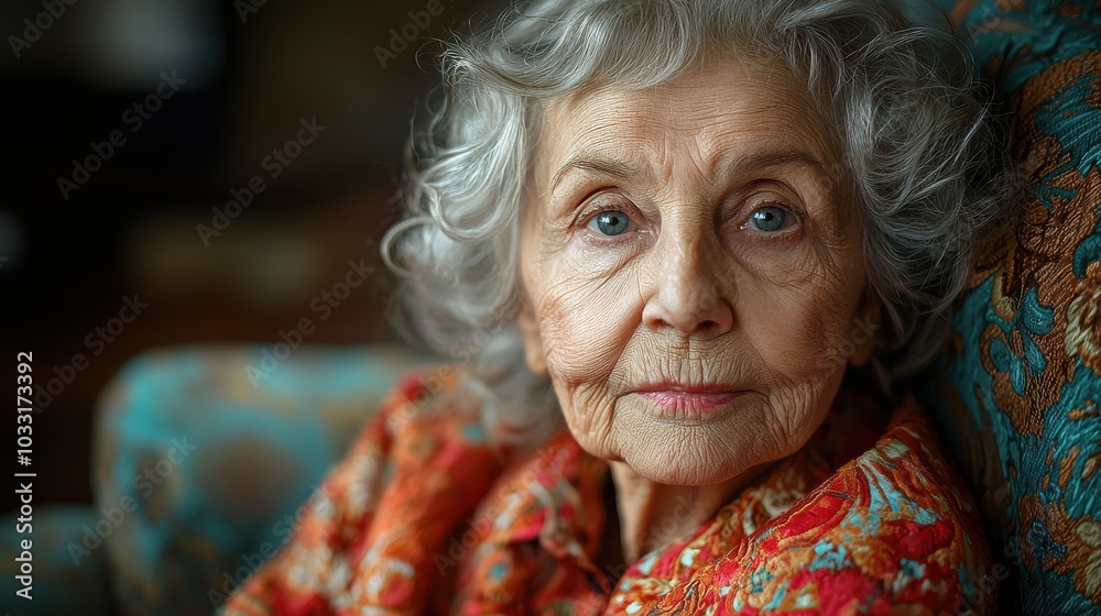 Elderly woman with curly hair in a colorful patterned blouse gazes thoughtfully from a cozy chair in a warmly lit living room Elderly woman with curly hair in a colorful patterned blouse gazes thoughtfully from a cozy chair in a warmly lit living room