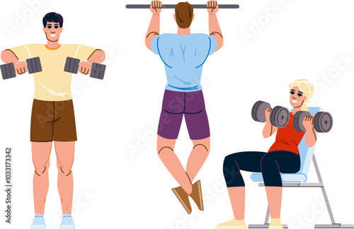 curl fitness exercises arm vector. dip plank, chinup press, extension flex curl fitness exercises arm character. people flat cartoon illustration