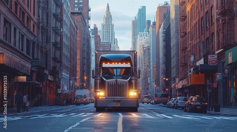Obraz premium A truck navigating through a city street with tall buildings