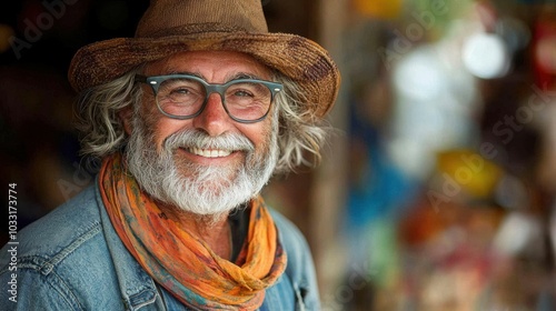 A cheerful elderly man with a beard and glasses enjoying the vibrant atmosphere of a local market on a sunny day