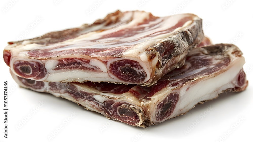 Guanciale, dry cured pork cheek isolated on white background. 