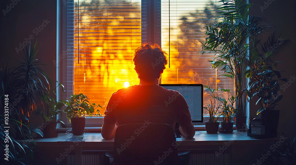 A person working at a desk, illuminated by a sunset through a window, surrounded by plants. A person working at a desk, illuminated by a sunset through a window, surrounded by plants.