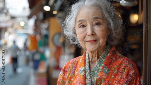 An elderly woman wearing a colorful kimono stands outside a traditional shop in a bustling market during daylight