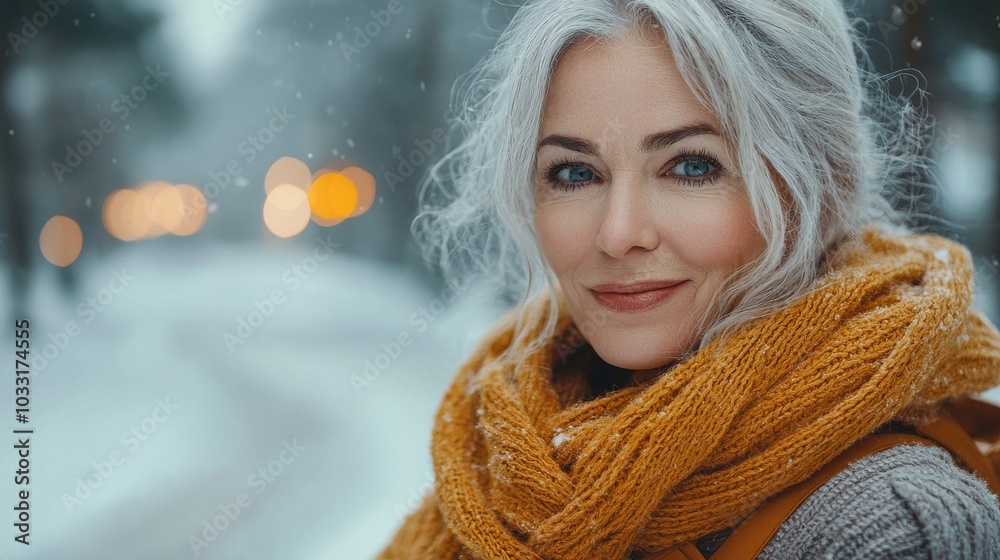 A smiling woman with silver hair enjoys a snowy day, wearing a warm scarf while walking along a winter trail in a tranquil setting A smiling woman with silver hair enjoys a snowy day, wearing a warm scarf while walking along a winter trail in a tranquil setting