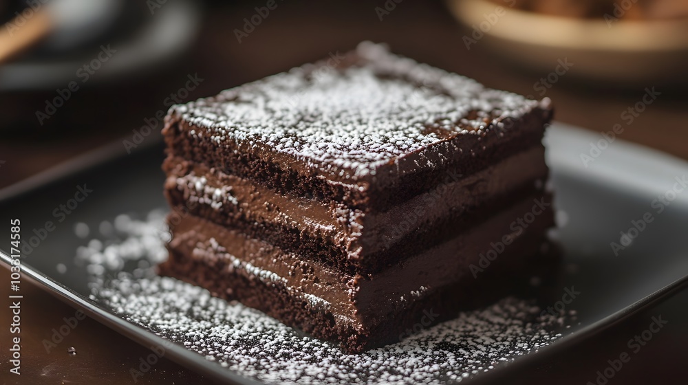 A decadent chocolate cake, with layers of rich ganache and a sprinkle of powdered sugar.

