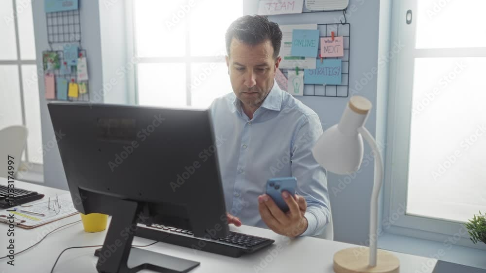 Man working in modern office looking at smartphone with focus and concentration surrounded by desk lamp and organized workspace Man working in modern office looking at smartphone with focus and concentration surrounded by desk lamp and organized workspace
