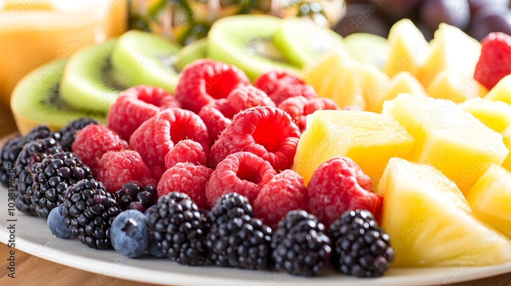 A fresh fruit platter, with an assortment of berries, melon, kiwi, and pineapple slices.
A fresh fruit platter, with an assortment of berries, melon, kiwi, and pineapple slices.