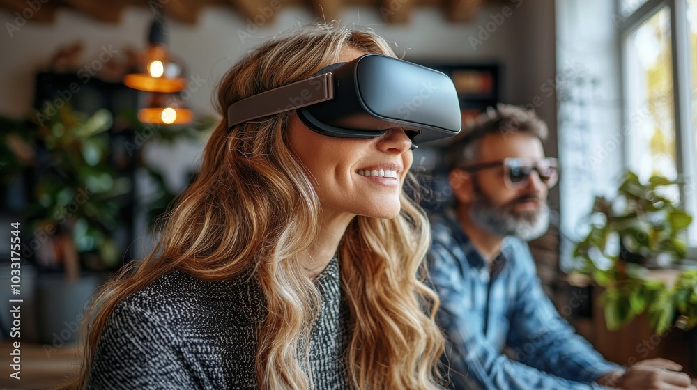 Smiling woman wearing a VR headset, enjoying an immersive virtual reality experience indoors, with a man in the background also engaged in technology. Smiling woman wearing a VR headset, enjoying an immersive virtual reality experience indoors, with a man in the background also engaged in technology.