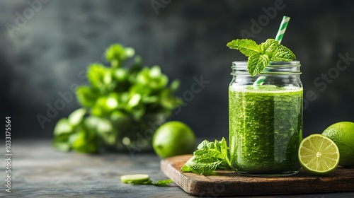 A green smoothie, poured into a glass jar, with a garnish of fresh mint and a slice of lime.