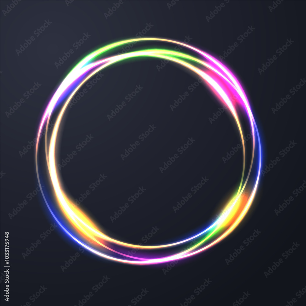 Glowing neon color frame sparkling ring with glitter on black background and blank space area. Suitable for badges, price tag, label Glowing neon color frame sparkling ring with glitter on black background and blank space area. Suitable for badges, price tag, label