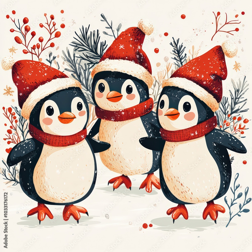 Fototapeta premium Penguins wearing Christmas hats skating on ice in cartoon style