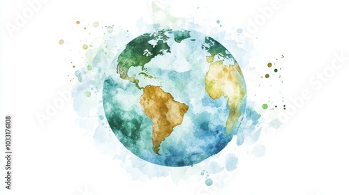 Watercolor Earth Globe Illustration with Continents and Splashes