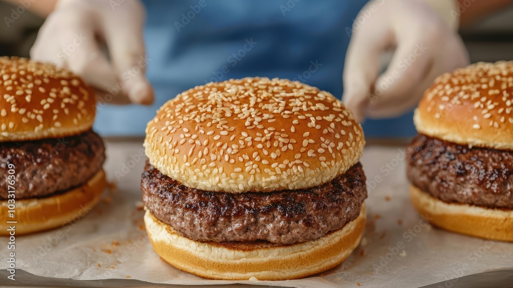 Street vendor preparing hamburgers, fast food American-style street food, dynamic and urban