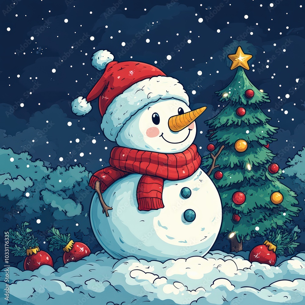 Fototapeta premium vector illustration Cheerful snowman with a scarf and hat standing by a Christmas tree