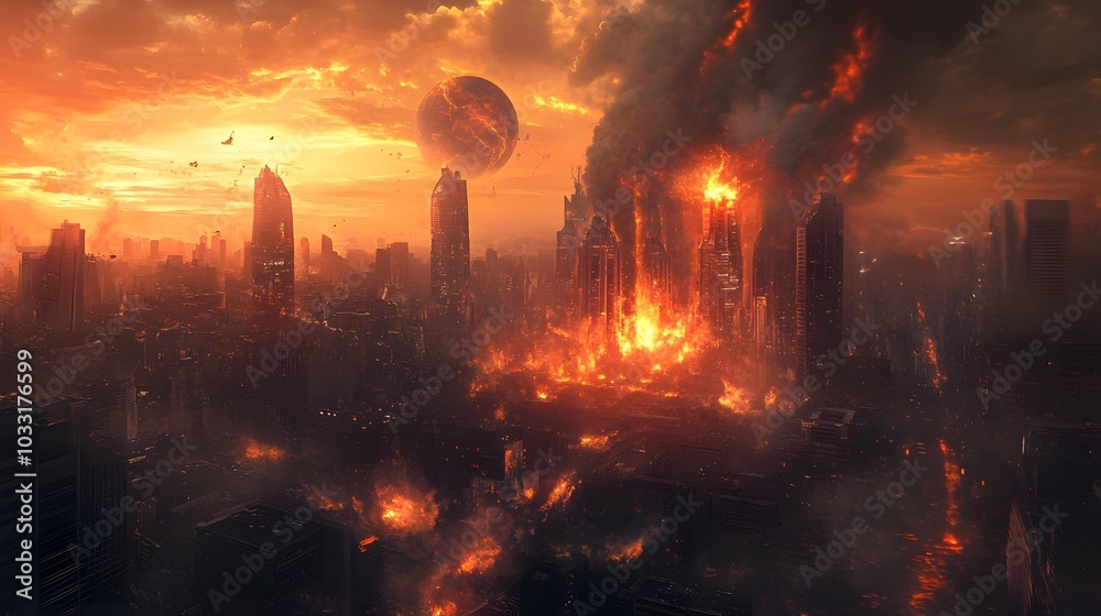 A Fiery Apocalypse Engulfs a Futuristic Cityscape A Fiery Apocalypse Engulfs a Futuristic Cityscape
